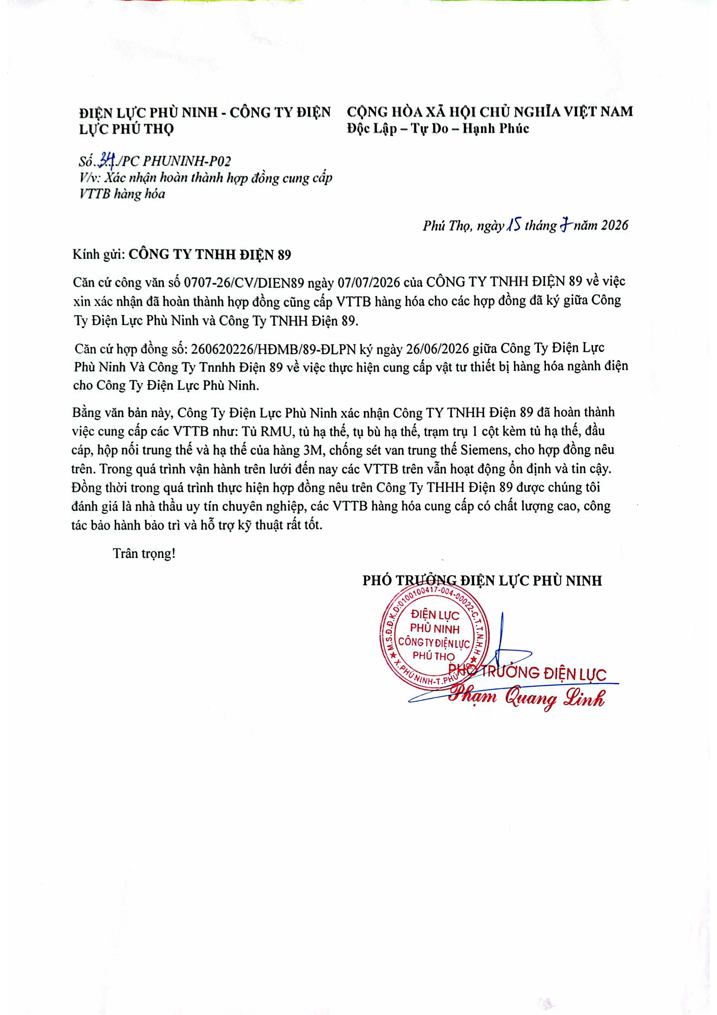 Giấy vận hành hàng hóa - Điện 89